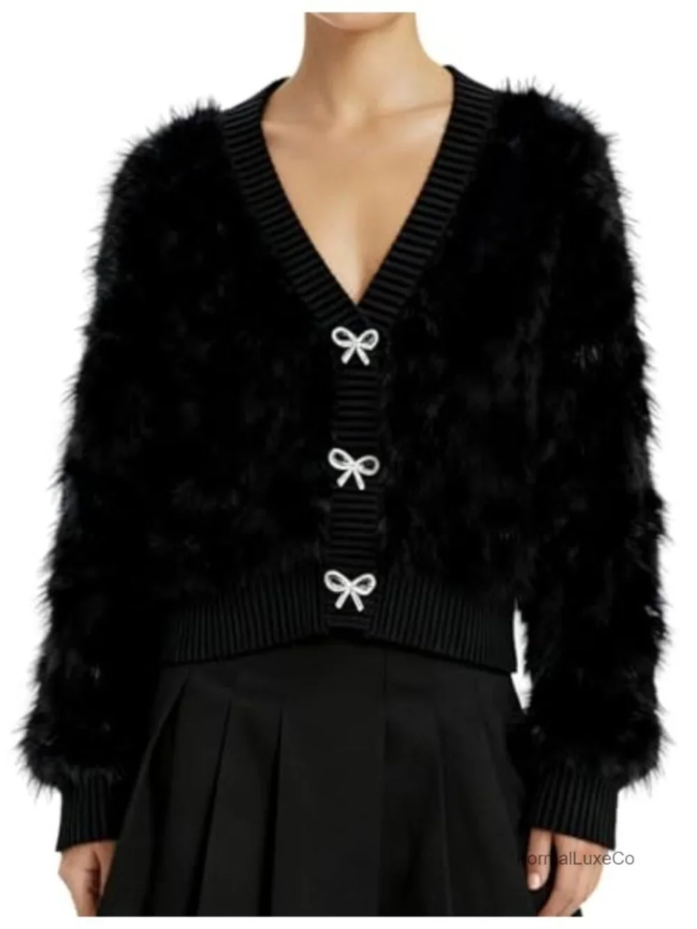 Cropped Fuzzy Cardigan Sweaters for Women Bow Sweater V-Neck